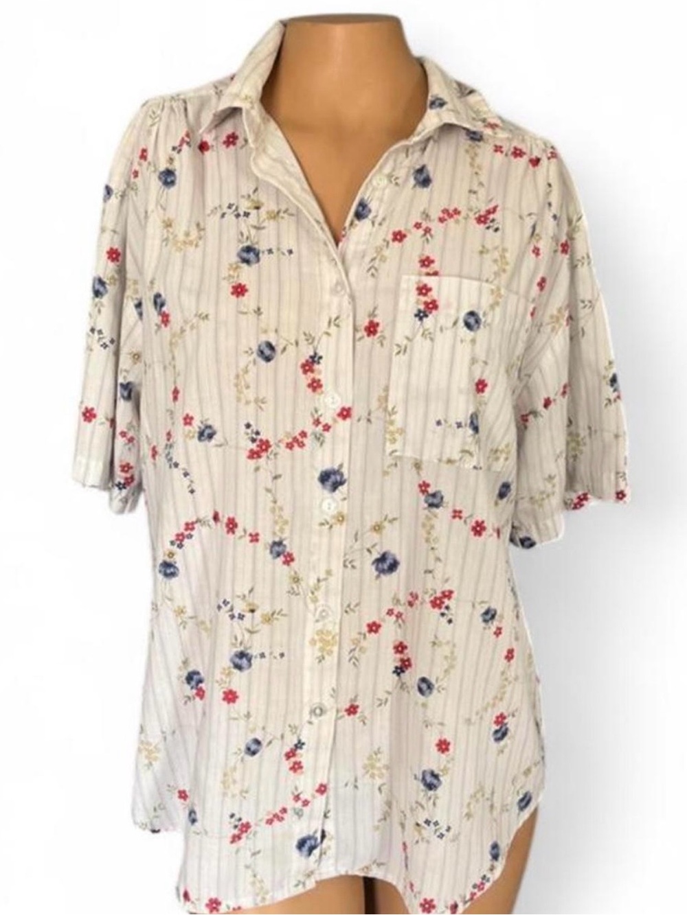 Floral Button-Down Short Sleeve Blouse - Cream